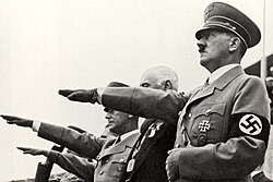 Hitler and his staff doing a Nazi salute towards the teams during the opening ceremonies of the XI Olympic Games in August 1936