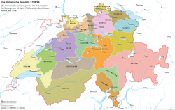 Helvetic Republic c. 1798/99, with the newly created cantons of Aargau and Baden