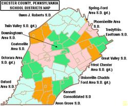 Map of Chester County, Pennsylvania public school districts with Unionville-Chadds Ford School District highlighted in blue in the eastern part of the county