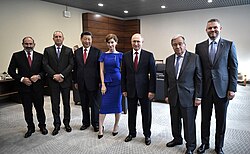 Guterres with Nikol Pashinyan, Rumen Radev, Xi Jinping, Sophie Shevardnadze, Vladimir Putin and Peter Pellegrini at the St. Petersburg International Economic Forum, June 2019