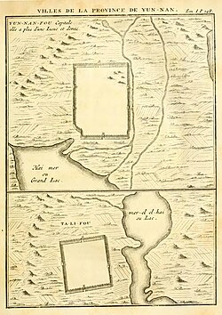 Maps of "Yun-nan-fou" and "Ta-li-fou" from Du Halde's 1736 Description of China, based on reports from Jesuit missionaries