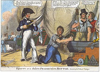 Equity or a Sailor's Prayer before Battle, from the Battle of Trafalgar. A 19th-century caricature portraying ratings on a Royal Navy ship. The man with a sword is a commissioned officer, as is the man on the ladder with the telescope. All others are ratings.