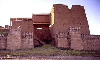 Modern restoration of the Adad gate at Nineveh in a photograph taken prior to the gate's total destruction by ISIL in April 2016.[116] The Book of Jonah exaggerates the size of Nineveh far beyond what it actually was historically.[1][28]