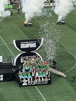 Sounders lifting the 2025 Leagues Cup trophy