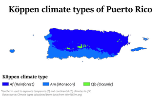 Köppen climate types in Puerto Rico indicating that the island primarily has rainforest and monsoon climate types