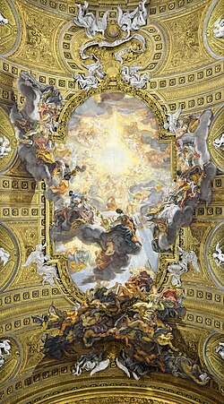 Quadratura or trompe-l'œil ceiling of the Church of the Gesù, Rome, by Giovanni Battista Gaulli, 1673–1678[20]