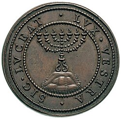 Reverse of 1590 coin in honor of Urban VII with menorah and the legendSIC·​LUCEAT·​LUX·​VESTRA(Let your light so shine – Matt. 5:16)