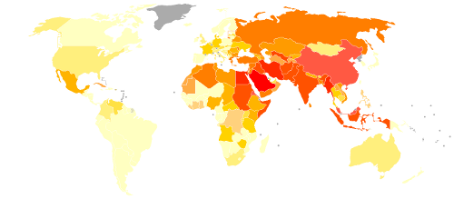 Freedom of religion by country (Pew Research Center study, 2009). Light yellow: low restriction; red: very high restriction on freedom of religion.