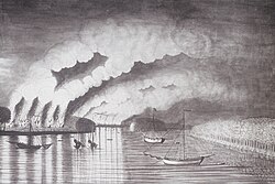 St. John River Campaign: A View of the Plundering and Burning of the City of Grimross (present day Arcadia, New Brunswick) by Thomas Davies in 1758. This is the only contemporaneous image of the Expulsion of the Acadians.
