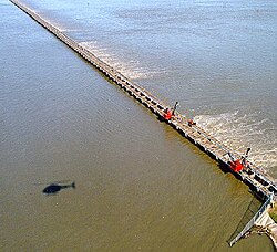 Opening of the Bonnet Carré Spillway on 1997-03-17. The spillway was operational from March 17 to April 18, 1997 – operating at a maximum flow of 243,000 cu ft/s (6,900 m3/s).