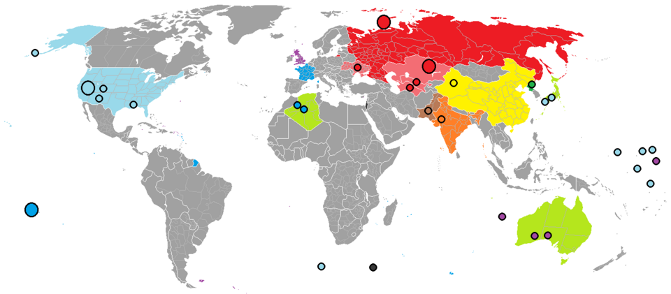 More than 2,000 nuclear explosions have been conducted in more than a dozen different sites around the world. Red Russia/Soviet Union, blue France, light blue United States, violet Britain, yellow China, orange India, brown Pakistan, green North Korea and light green (territories exposed to nuclear bombs). The black dot indicates the location of the Vela incident.