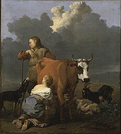 Woman hand milking a cow