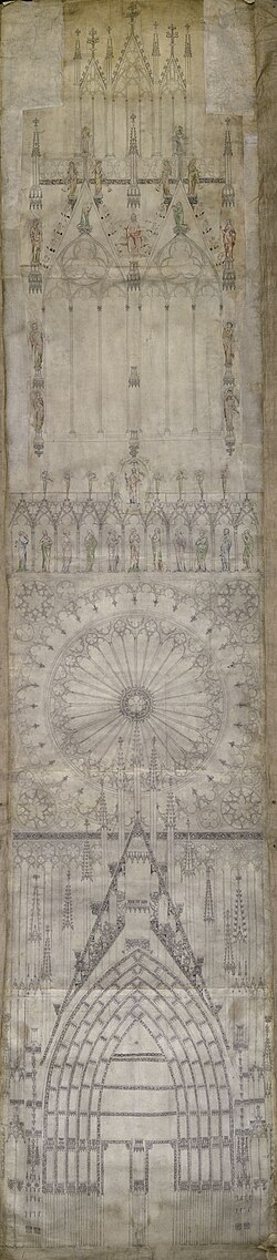 Gerlach von Steinbach: Drawing 5, a 1360s design for the west facade. The largest and most ornate surviving original architectural drawing of the cathedral. Height 405 cm (159 in), width 86 cm (34 in).