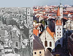 View of Munich city centre in 1945 after the devastation of World War II, and in 1989 after reconstruction, featuring the restored Old Town Hall, Talburgtor, and Heilig-Geist-Kirche