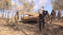 Free Syrian Army fighters and a Turkish tank on Mount Barsa ("Barṣāyā")