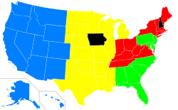Map of same-sized politically balanced regions. All four regions voted between 48% and 53% (and between 48% and 59% of electoral votes) for the GOP in the most recent election. Note loss of contiguity in the red and green regions.