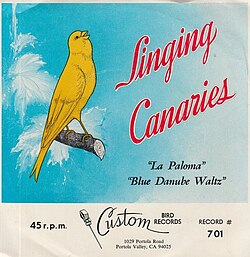 Singing Canaries single record released in the U.S. in 1953, featuring canaries singing with classical music