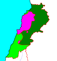 Power balance in Lebanon, 1976:Dark Green – controlled by Syria;Purple – controlled by Maronite groups;Light Green – controlled by Palestinian militias