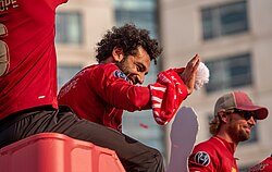 Salah at the Champions League trophy parade in Liverpool on 2 June 2019, the day after the final