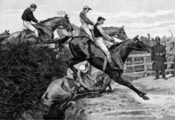 1890 engraving of horses jumping the Becher's Brook fence in the Grand National. With treacherous fences combined with the distance (over 4 miles), the race has been called "the ultimate test of horse and rider".[65]
