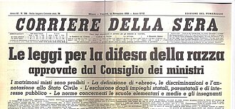 Front page of the Italian newspaper Corriere della Sera on 11 November 1938: the fascist regime has approved the racial laws.