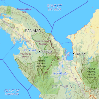 The Darién Gap and the break in the Pan-American Highway between Yaviza, Panama, and Turbo, Colombia