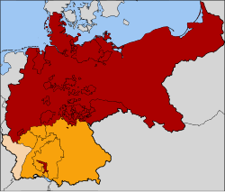 The North German Confederation (red), the South German states (gold), and Alsace-Lorraine (yellow), all soon to form the German Empire