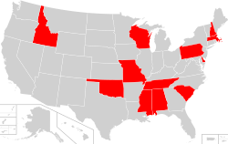 Map showing in red which U.S. states and territories have designated a state bird in addition to their official state bird