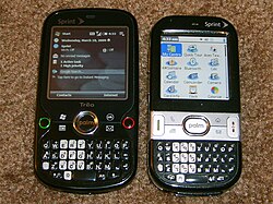 The Palm Treo Pro sporting Windows Mobile Professional 6.1 alongside the Palm Centro using Palm OS Garnet. Both devices show Sprint branding.