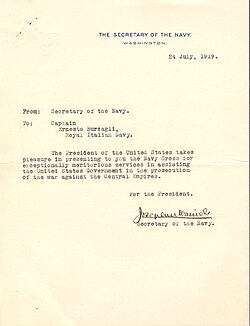 Letter dated 1919, from the United States Secretary of the Navy, awarding the Navy Cross to Burzagli