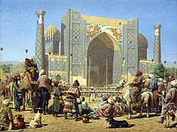 Triumphant crowd at Registan, Sher-Dor Madrasah. The Emir of Bukhara viewing the severed heads of Russian soldiers on poles. Painting by Vasily Vereshchagin (1872).