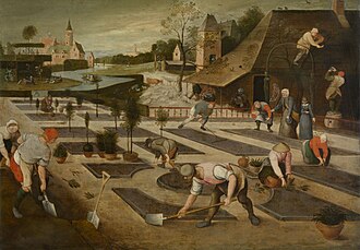 Gardeners at work, painting by Abel Grimmer, Flemish painter, 1607