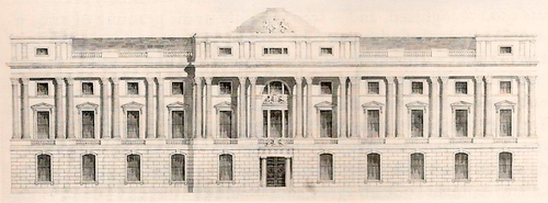 Design by Robert Abraham (1773–1850) for a new College of Arms in Trafalgar Square, at the heart of Regency London in the 1820s; the plan was not executed due to a lack of funds.