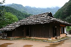 Korean traditional Bark shingled house, Neowajip or Gulpijip (굴피집) in Gangwon Province