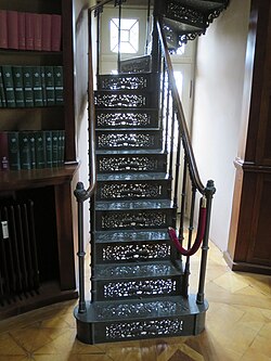 Cast iron stairs in the library of Herrnsheimer Schloss [de], originally displayed in the First German Industrial Exhibition [de] at Mainz in 1842[180]