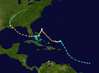Map plotting the storm's track and intensity, according to the Saffir–Simpson scale