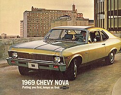 An advertisement for the 1969 Chevrolet Nova using the advertising slogan "Putting you first, keeps us first"