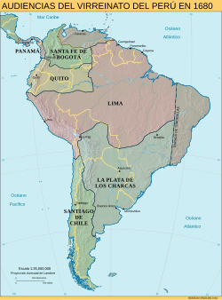 The audiencia subdivisions of the Viceroyalty of Peru c. 1650, as numbered in the article.[note 3]