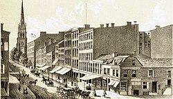 An 1834 illustration of Broadway. This site is currently occupied by the One Liberty Plaza.
