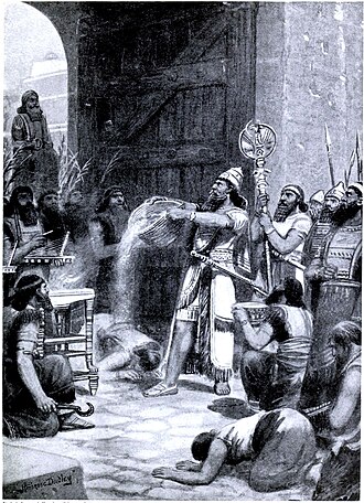 20th-century illustration of Shalmaneser I (r. c. 1273–1244 BC) pouring out the dust of the destroyed fortress of Arinnu
