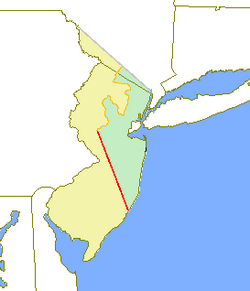 The since discarded regions of West New Jersey (in yellow) and East New Jersey (in green) that existed from 1674 to 1702 during the colonial era of New Jersey; the map also indicates location of the Keith Line (in red) and the Coxe and Barclay Line (in orange).