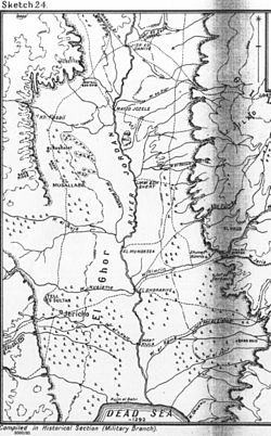 Detail of Falls Sketch Map No. 24 showing Jericho, Wadi Nueiame, Wadi el Auja, Wadi el Mellaha, El Musallabe, Bakr Ridge, El Baghalat, Kh Fasail, Meteil edn Dhib, El Musetter, and the fords from El Ghoraniye, to Umm esh Shert, Mafid Jozele and Jisr ed Damieh with the entrenched Shunet Nimrin position to the east overlooked by El Haud to the north east