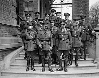 Field Marshal Sir Douglas Haig (centre front) with his senior commanders and staff officers at Cambrai, France November 1918. Stood in the third row, second on the left, is Lieutenant-General Kavanagh, GOC Cavalry Corps.