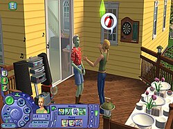 Sims socializing, including an alien Sim