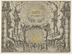 Design for a theater set created by Giacomo Torelli for the ballet Les Noces de Thétis, from Décorations et machines aprestées aux nopces de Tétis, Ballet Royal