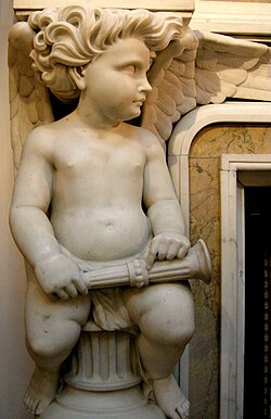 Marble putto on fire surround in saloon