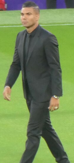 Casemiro during his unveiling as a new Manchester United player at Old Trafford in 2022