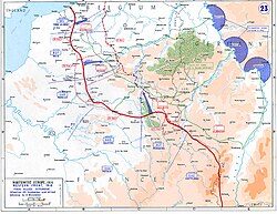 Map showing the Western Front as it stood on 11 November 1918. The German frontier of 1914 had been crossed in the vicinities of Mulhouse, Château-Salins, and Marieulles in Alsace-Lorraine. The post-war bridgeheads over the Rhine are also shown.