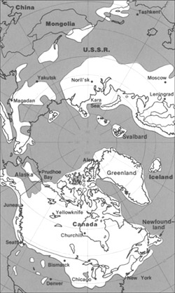 The maximum extent of glacial ice in the north polar area during the Pleistocene Period