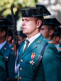 Spanish Guardia Civil wearing the tricornio hat during National Day celebrations in Madrid.